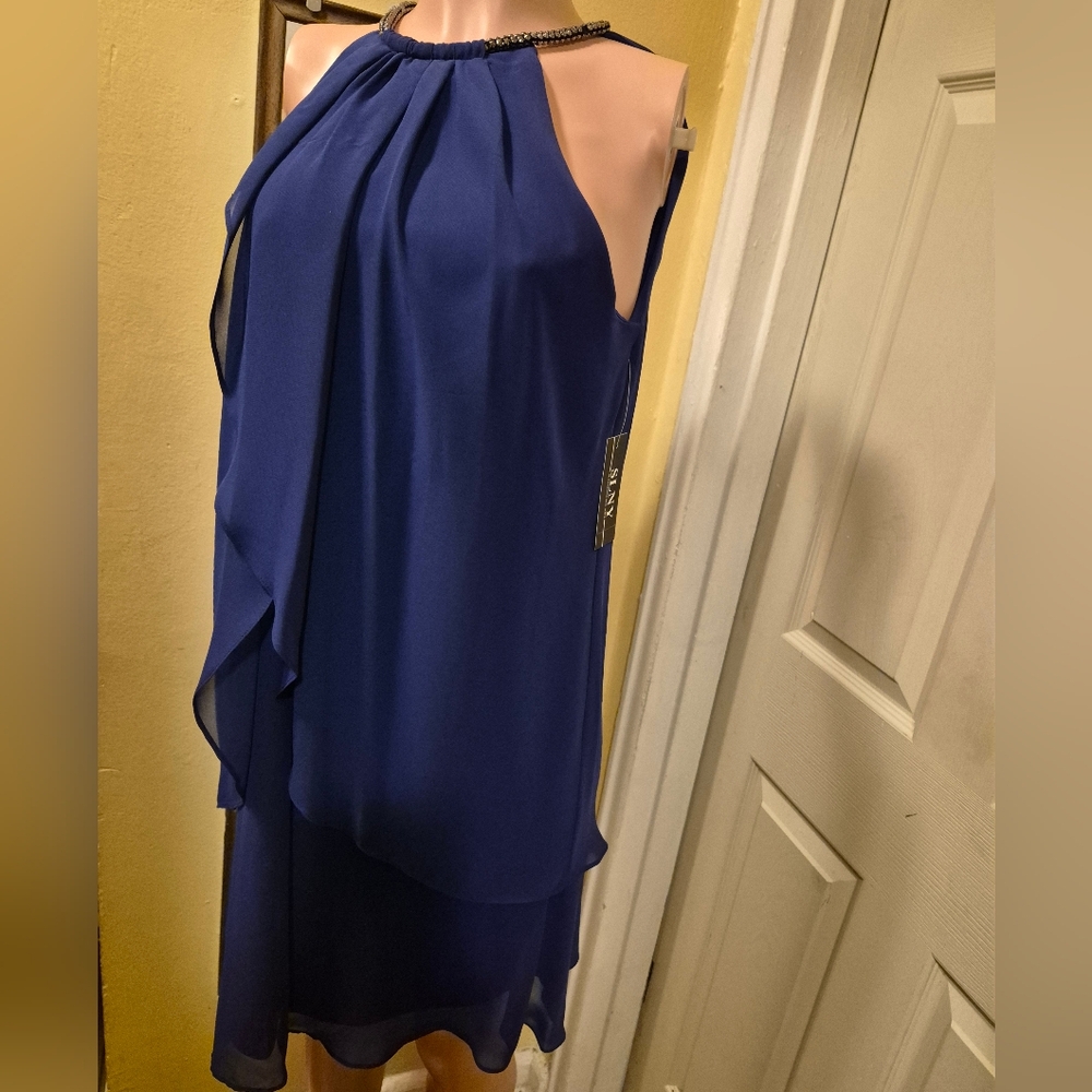 SLNY Women' Elegant Chiffon Layered Sleeveless Mini Iris-Blue Dress Size 12 - Picture 2 of 13